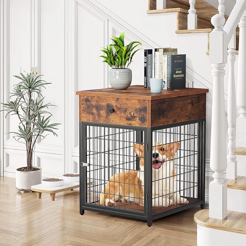 (Parecido) Crate Furniture, Vintage Style Dog Kennel with Flip-Up Table Top, Chew-Proof Dog House Indoor Use, Rustic Brown
