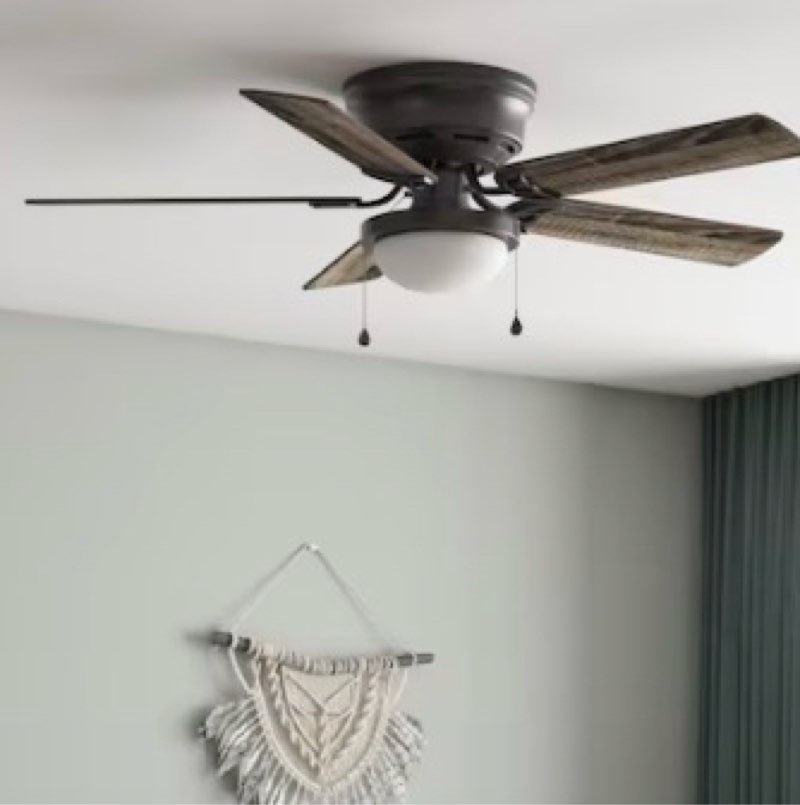 harbor breeze armitage 52-in matte black with black/cocoa blades flush mount ceiling fan.
