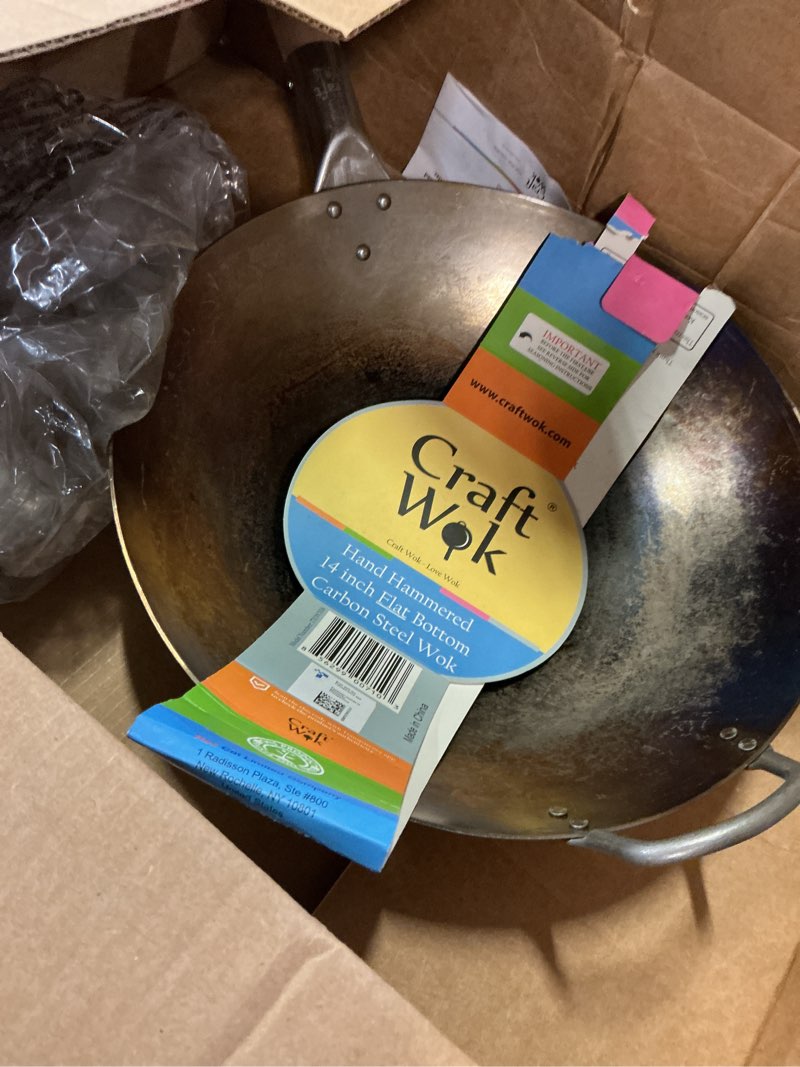 Condition photo showing As Is for craft wok flat hand hammered carbon steel pow wok with wooden and steel helper handle (14 inch, flat bottom) / 731w316 14-inch