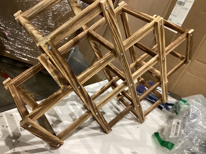 Condition photo showing Good Condition for 10 bottle foldable wood wine rack, carbonized pine freestanding countertop wine storage organizer, stackable no assembly required wine holder for kitchen bar cabinet