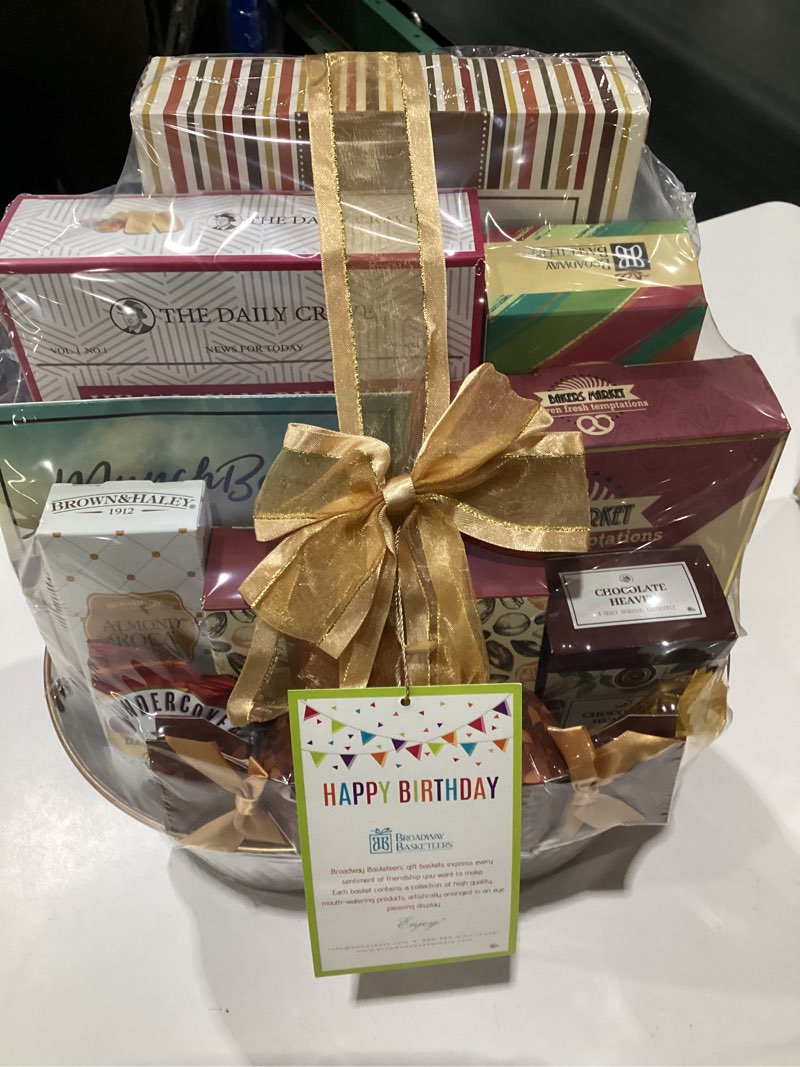 Condition photo showing New/Like New for Broadway Basketeers Birthday Gift Basket – Gourmet Snacks & Sweet Treat Box with Cookies, Candy, Chocolates & more - Food Gift Basket for Women, Men & Families - Happy Birthday Surprise Box, Kosher