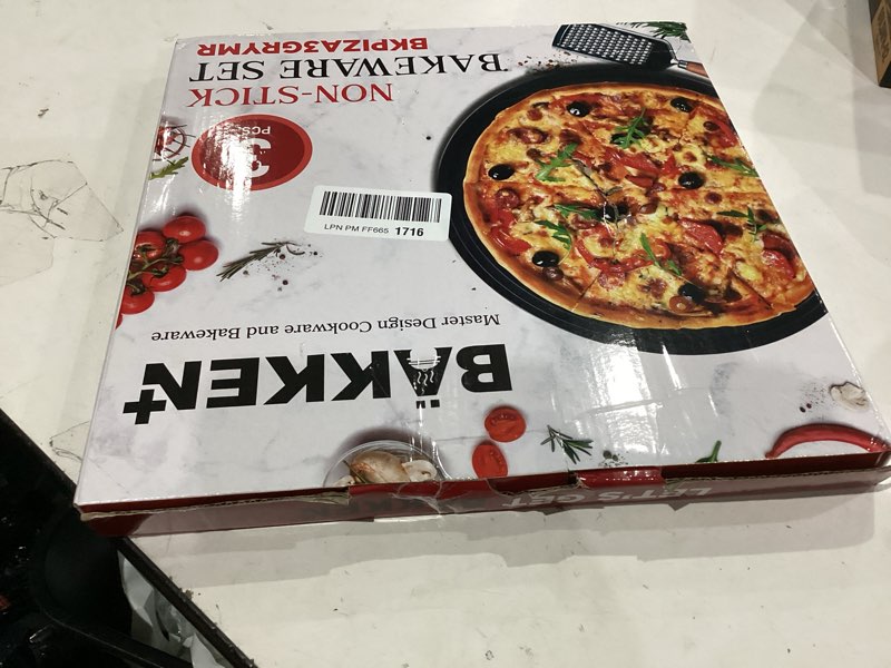 Condition photo showing As Is for Gray Marble Non Stick Pizza Pans Set of 3 – Carbon Steel Pizza Baking Trays (9.45", 11.02", 12.99") for Oven Use, Durable, PFOA, PFOS, PTFE Free, Dishwasher Safe, Stain-resistant, Easy Cleanup Gray Marble 3 Piece Set
