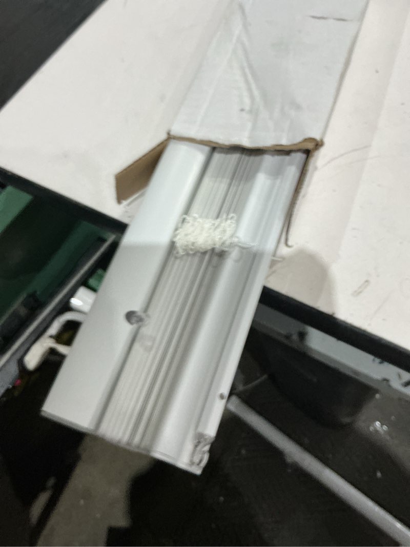 Condition photo showing As Is for project source light filtering 1-in slat width 30-in x 64-in cordless white vinyl light filtering mini-blinds