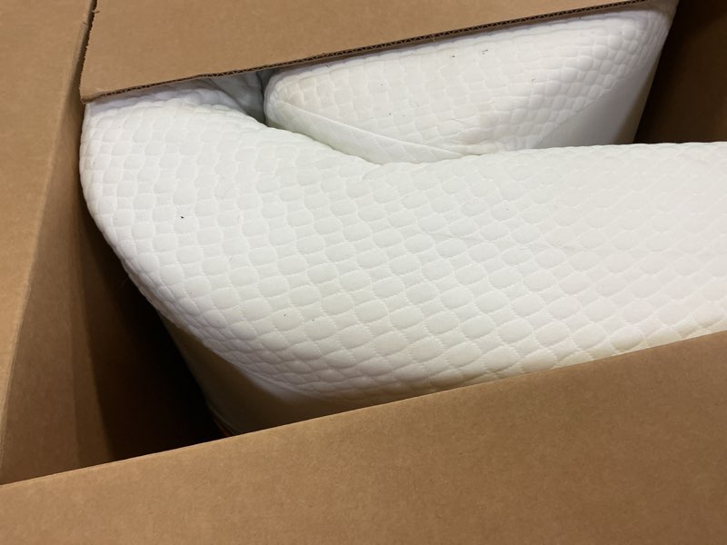 Condition photo showing As Is for FDW | 8 Inch Twin Mattress | Medium Firm | Gel Memory Foam Mattress | White | Bed in a Box, CertiPUR-US Certified | Pressure Relief, Cooling Ventilated Foam | Washable Removable Cover White Twin 8 IN