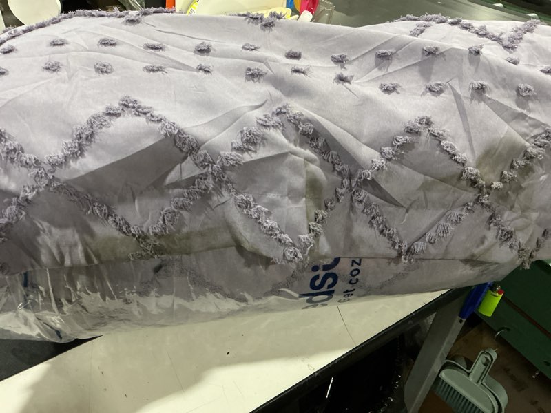 Condition photo showing As Is for himeet pintuck bed in a bag, 7 pieces queen size comforter set grayish blue, pinch pleat bed in a bag, soft all season bedding sets with comforter, flat sheet, fitted sheet and pillowcases & shams grayish blue queen