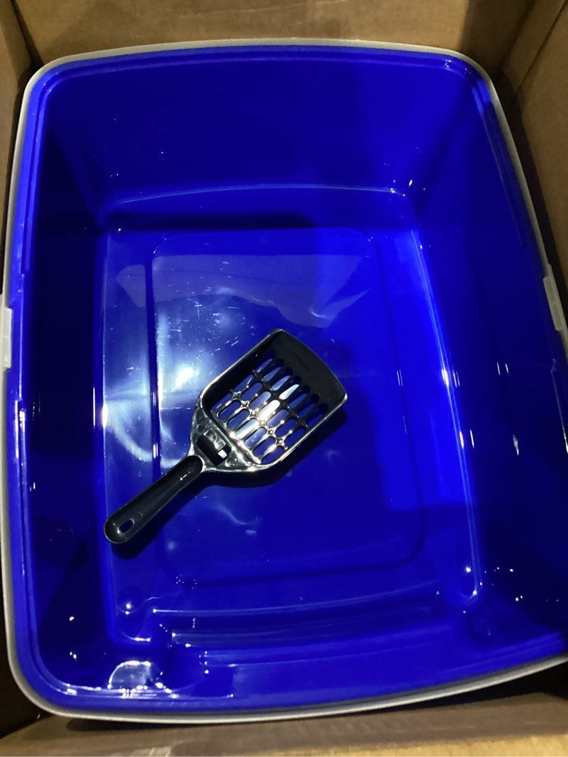 IRIS USA Large Cat Litter Box with Scatter Shield and Scoop, Open Top High Sided Cat Litter Pan, Blu