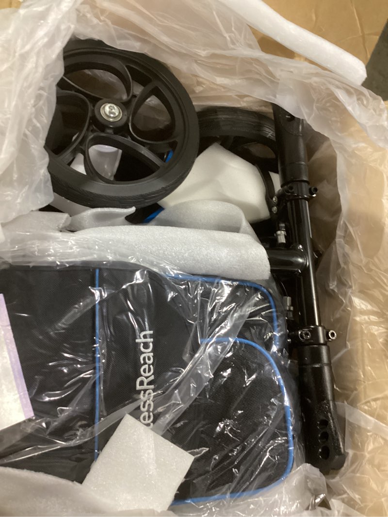 Condition photo showing As Is for economy knee scooter steerable knee walker for foot injuries compact crutches with dual rear on-wheel brake and shock absorption under the knee pad