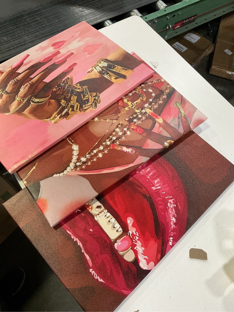 Condition photo showing Good Condition for 3Pcs Framed Pink Fashion Black Girl Canvas Wall Art African American Vogue Black Girl Poster Print for Living Room Bedroom Home Decoration Pink 16x24Canvas