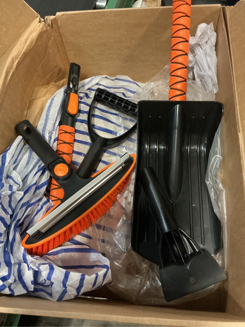 Condition photo showing As Is for 4-In-1 Snow Brush and Ice Scrapers for Car Windshield 55'' Extendable Snow Shovel Snow Broom Kit with Squeegee, Foam Grip 180°Pivoting Thicken Brush Head Portable Snow Scraper for Car, Trucks, SUV