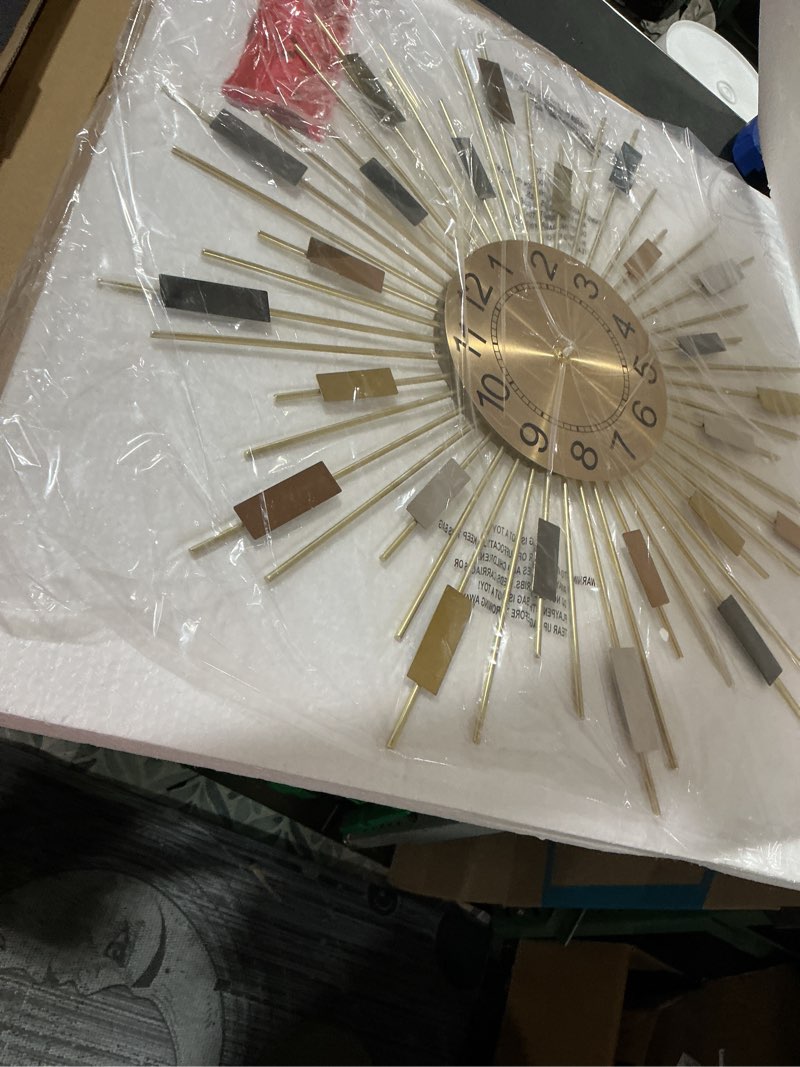 Condition photo showing Good Condition for 24" large sunburst wall clock, boho modern farmhouse metal decorative clock, silent non?ticking battery powered, mid?century starburst art decor for living room bedroom office home starburst 24" x 24"