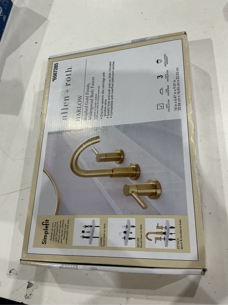 allen + roth harlow brushed gold widespread 2-handle watersense mid-arc residential handle bathroom sink faucet with drain