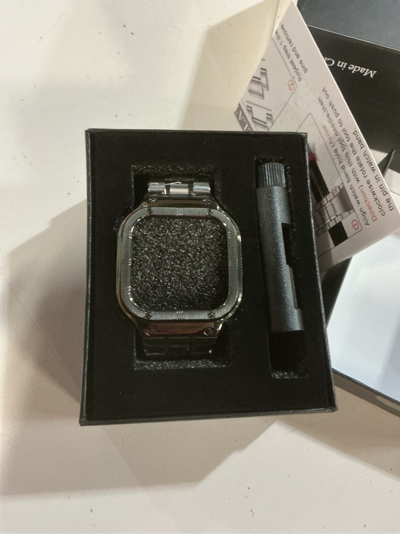 Condition photo showing New/Like New for Stainless Steel Watch Band with Case Compatible for Fitbit Versa/Fitbit Sense Bands, Rugged Protective Bumper Metal Wristbands for Men Women Grey