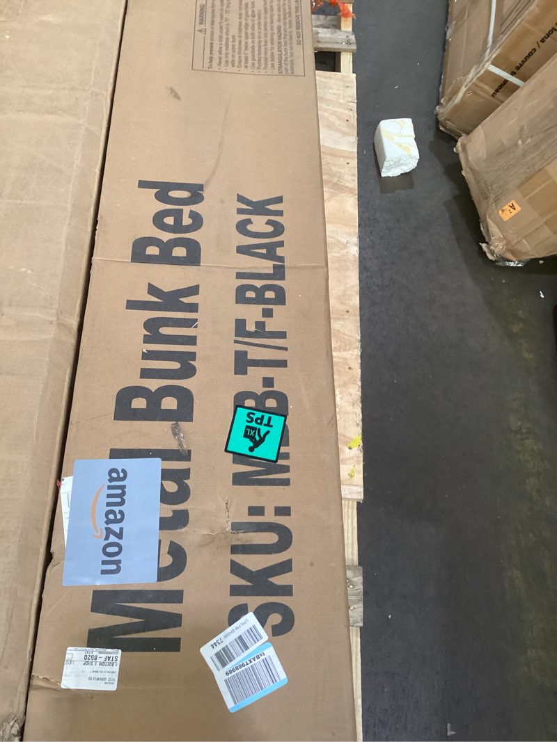 Condition photo showing As Is for Twin Over Full Bunk Bed, Metal Low Profile Bunkbeds with Full-Length Protect and Ladder, Space Saving, No Boxing Spring Needed, Black Black Twin Over Full