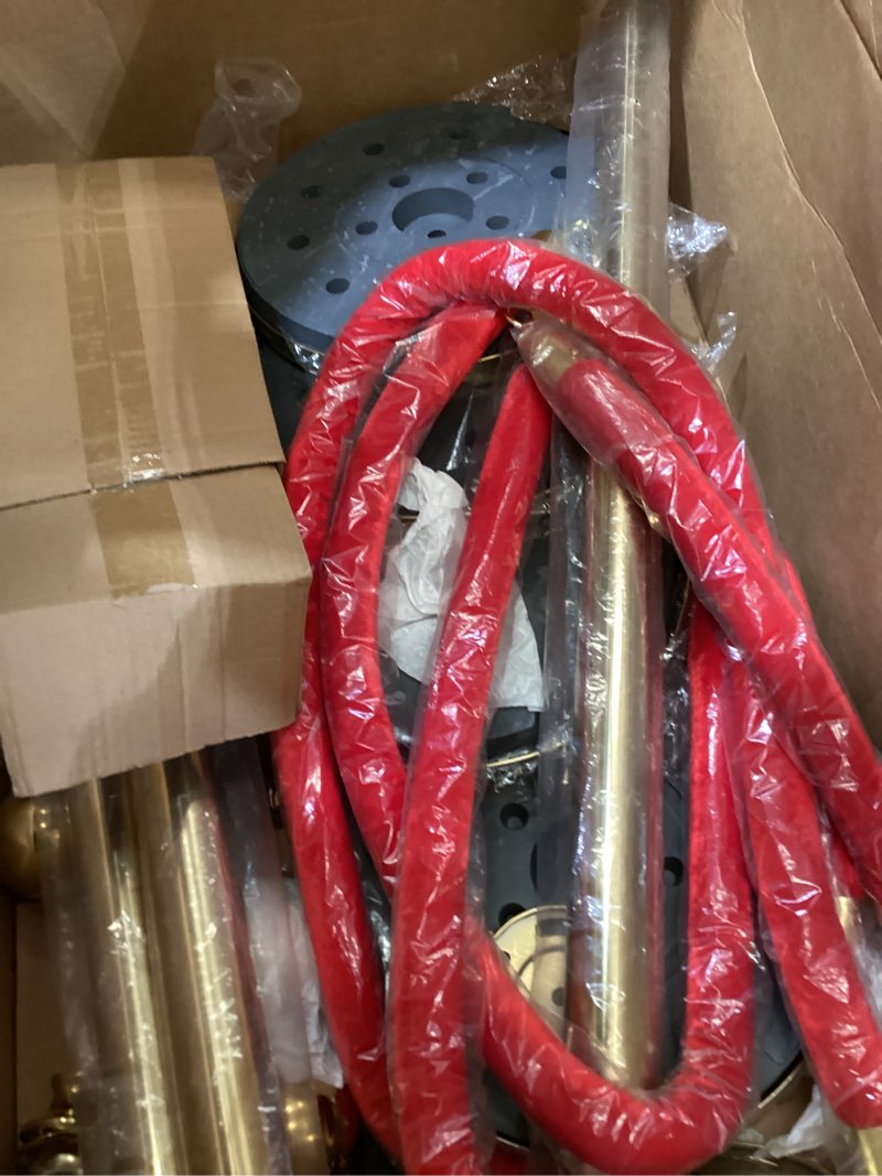 Condition photo showing As Is for 4 pcs gold stanchions with velvet ropes with 3 pcs 5 ft red velvet ropes carpet ropes posts stanchion set for crowd control barriers for weddings, events, hotels, and party decor 4 gold