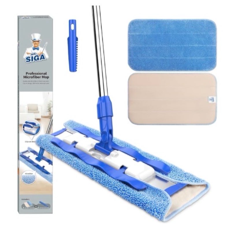 mr.siga professional microfiber mop for hardwood, laminate, tile floor cleaning, stainless steel telescopic handle - 3 reusable flat mop refills and 1 dirt removal scrubber included