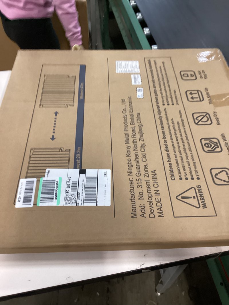 Condition photo showing As Is for Cumbor 29.2–43" Baby Gate for Stairs, Wall-Mounted (Drill Required), Expandable No Bottom Bar Dog Gate, Auto Close Extra Wide Walk Thru, Pet & Toddler Proof Gate, Top & Bottom of Stairways (Brown) Brown 29.2-43" W, Infants