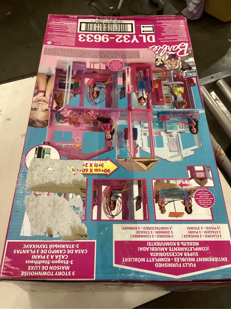 Condition photo showing New/Like New for Barbie 3-Story Townhouse Dollhouse with Elevator, Swing Chair, Furniture and Accessories, Fold for Portability and Travel (Amazon Exclusive)