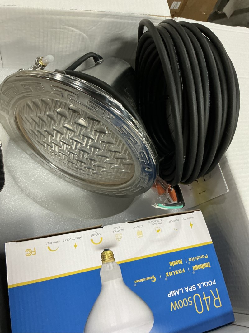 Condition photo showing Good Condition for 120v 10-inch waterproof pool light for inground pools – ip68 rated, includes 2 x 500w incandescent bulbs, 50ft cord, direct replacement for pentair amerlite & hayward astrolite, fits 10'' pool niche