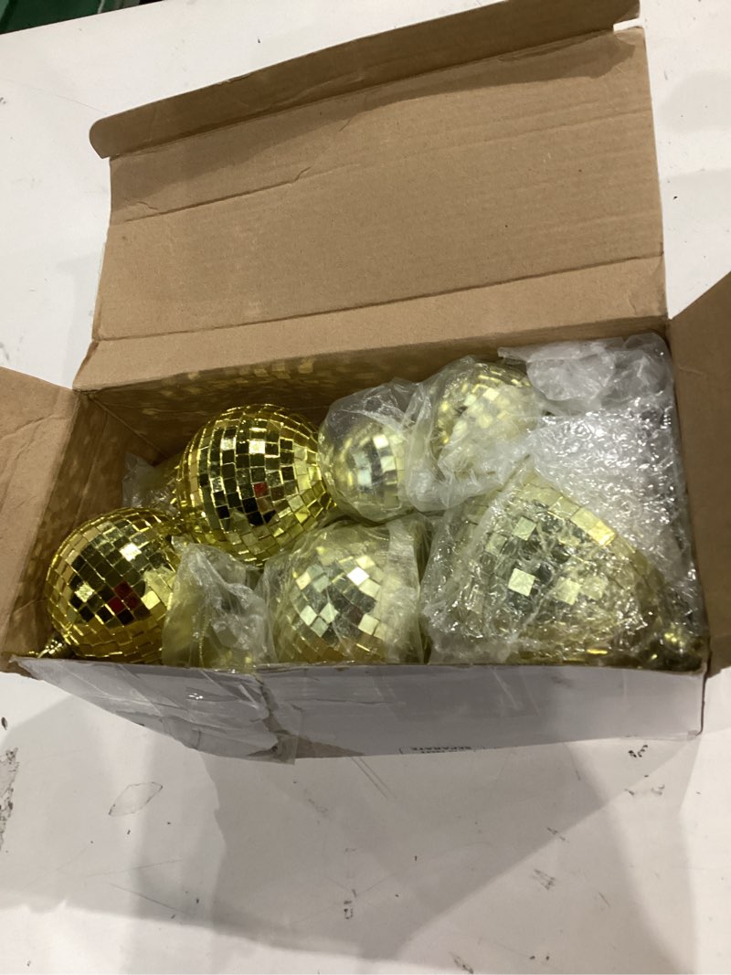 Condition photo showing As Is for leitee 25 pcs disco balls ornament mini reflective disco ball party hanging decorations with lanyard for dance music party decoration, 2 inch 3.14 inch 4 inch(gold)