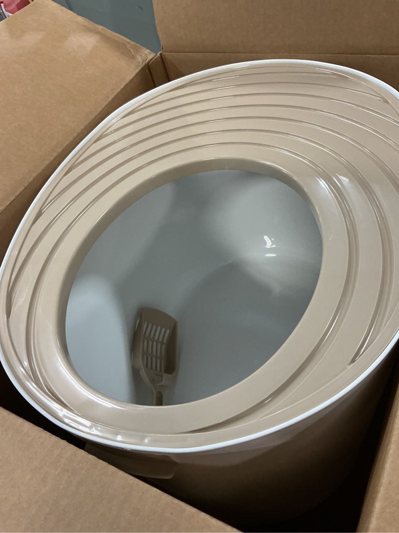 Condition photo showing Good Condition for iris usa cat litter box, large top entry with litter catching lid and scoop, dog proof, cat box enclosure, beige/white top entry white/beige