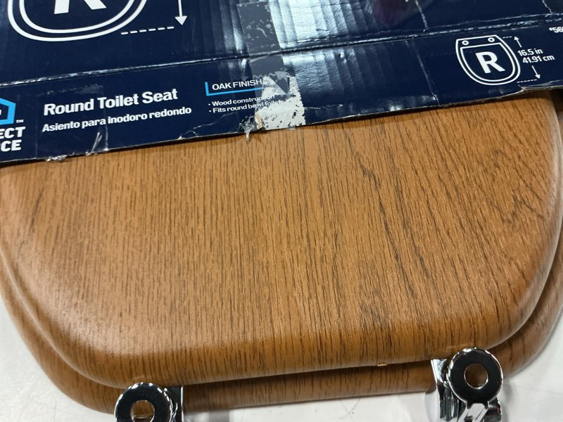 Condition photo showing As Is for project source wood oak veneer round toilet seat