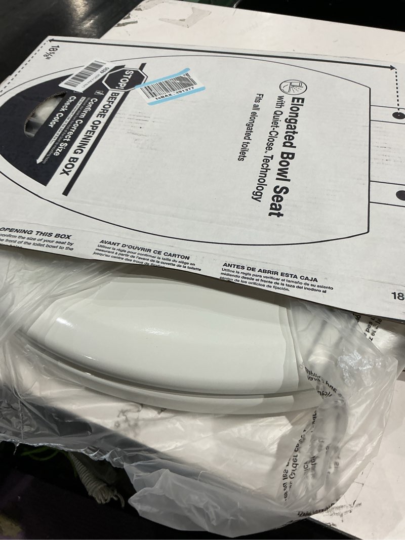 Condition photo showing New/Like New for kohler stonewood quiet-close elongated toilet seat, slow close design, durable wood, easy installation, universal fit, white finish, k-20466-0