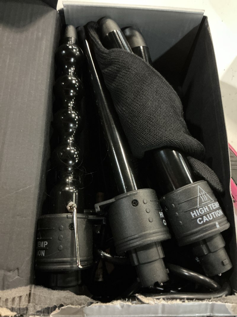 Condition photo showing As Is for 5 in 1 curling wand set: ohuhu curling iron wand 5pcs 0.35 to 1.25 inch interchangeable ceramic barrel heat protective glove 2 clips dual voltage hair curler for girl women black black 5 in 1 set