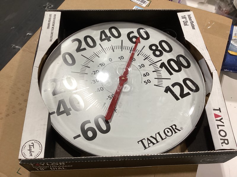 Condition photo showing Good Condition for taylor indoor outdoor metal wall clock, wireless thermometer with easy to read large numbers for patio, pool, and indoor areas, 18-inch 18 inch patio clock