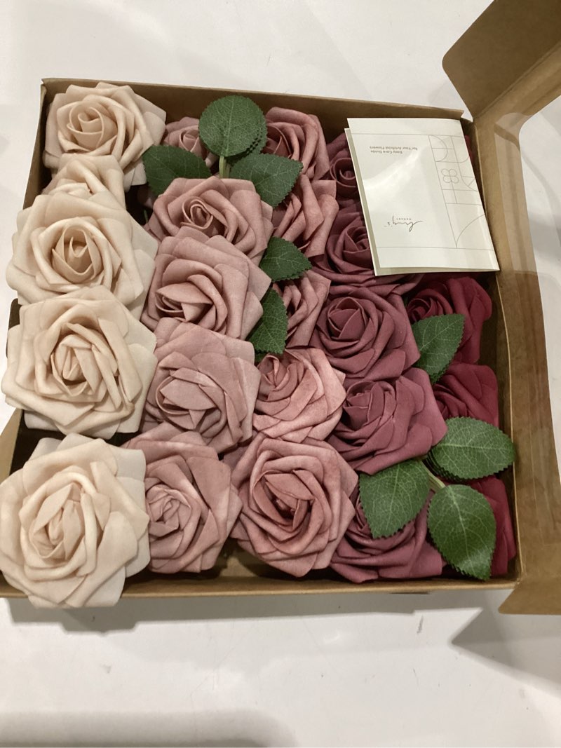 Condition photo showing Good Condition for ling's moment artificial flowers, 25pcs 3" roses in burgundy mauve shades, realistic diy foam floral fill for wedding bouquets/centerpieces, outdoor party backdrops, room/table, and pot decorations shades of burgundy & mauve 25pcs