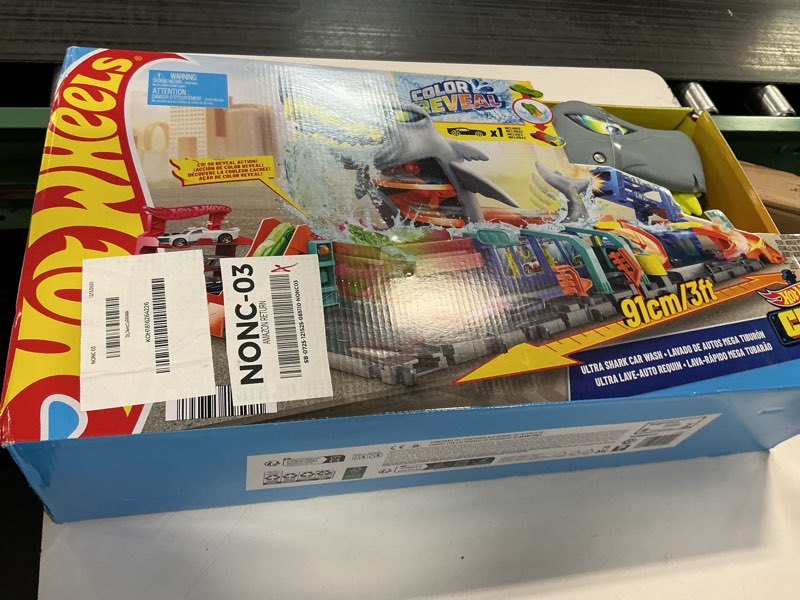 Condition photo showing New/Like New for Hot Wheels City Track Set, Ultra Shark Car Wash with 1:64 Scale Color Reveal Toy Vehicle, Repeat Color-Change Feature, Storage