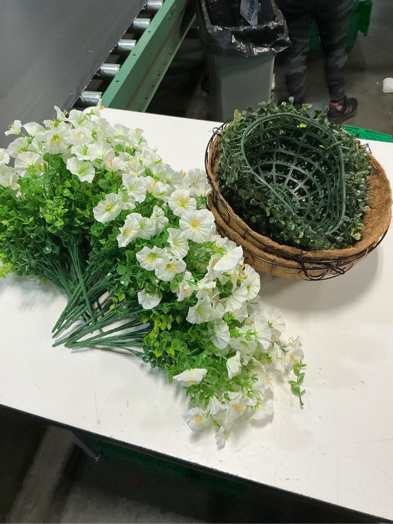 Condition photo showing Good Condition for 2 set artificial hanging flowers baskets for outdoors faux spring plants, 24 pcs uv resistant faux silk white morning glory with 2 outdoor hanging planters realistic for outside porch patio decor 2 packs white