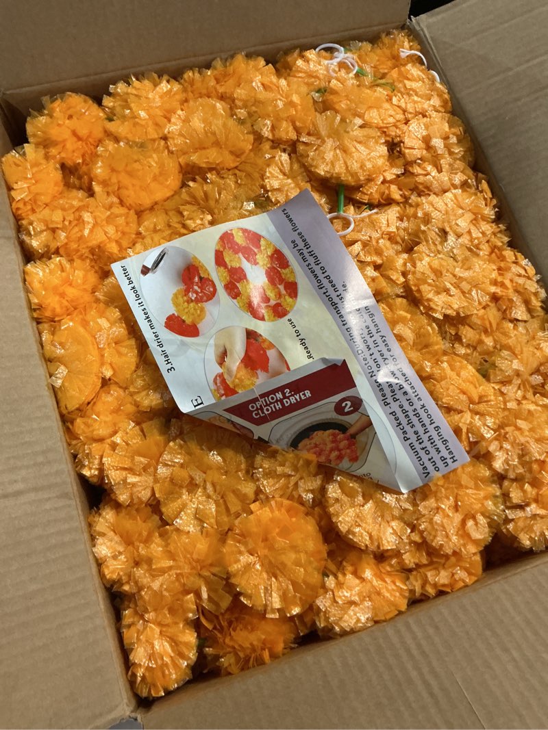 Condition photo showing Good Condition for 10pcs long marigold flowers, 5 feet artificial orange marigold garland for decoration indian pooja diwali home wedding mantle decor orange 10
