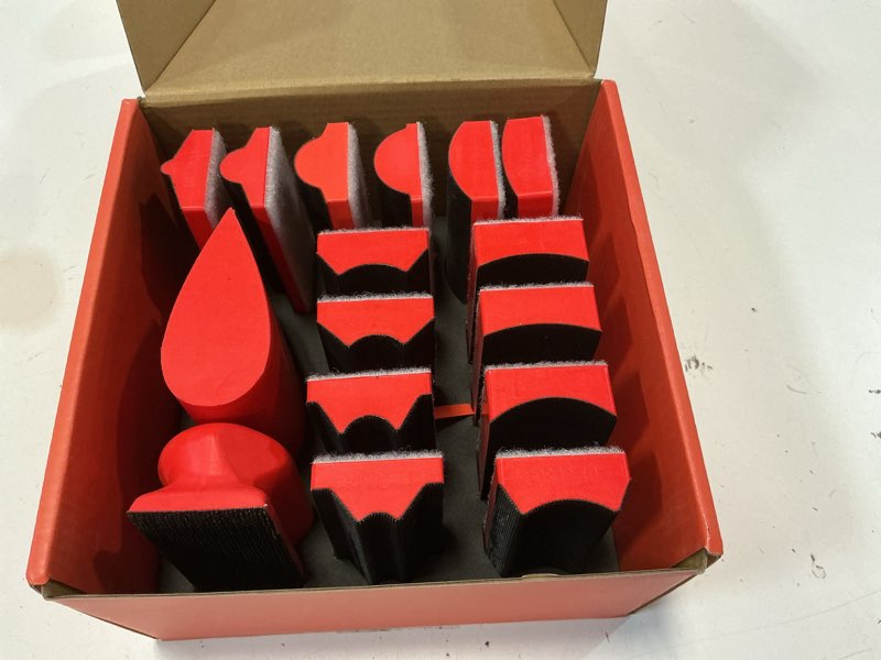Condition photo showing New/Like New for hand sanding block set of 16,interchangeable assorted contoured profile sanding pad kit,hook and loop abrasive sanding chassis for sand wood furniture, auto paint and crafts,red red 16pcs sanding block