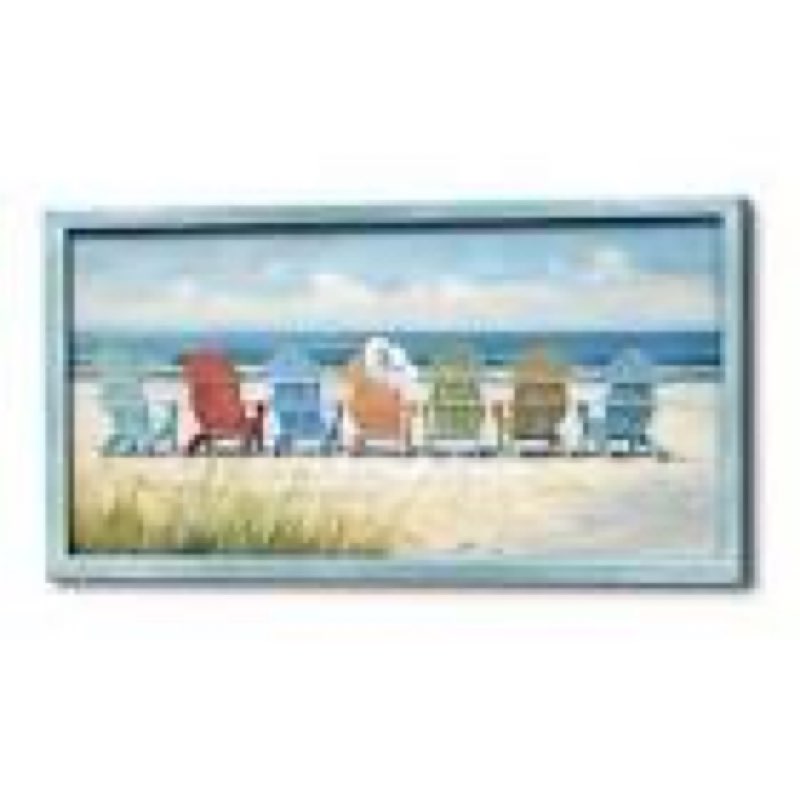 framed coastal wooden wall art - beach chair painting ocean seascape for bedroom bathroom 24 x 12 in