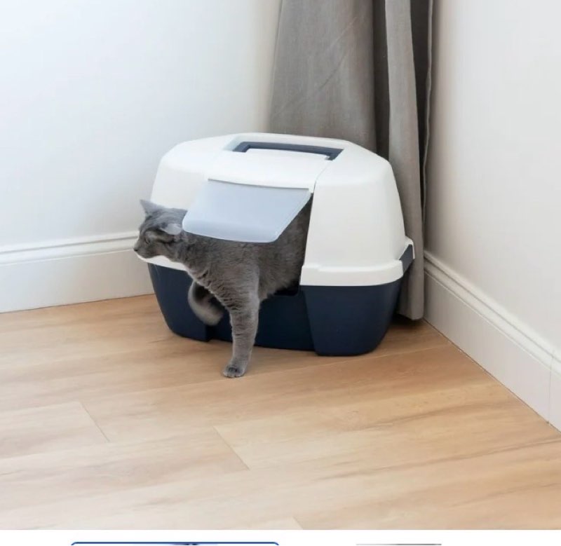Condition photo showing As Is for iris large corner cat litter box with lid | enclosed design, handle & buckles, navy/white