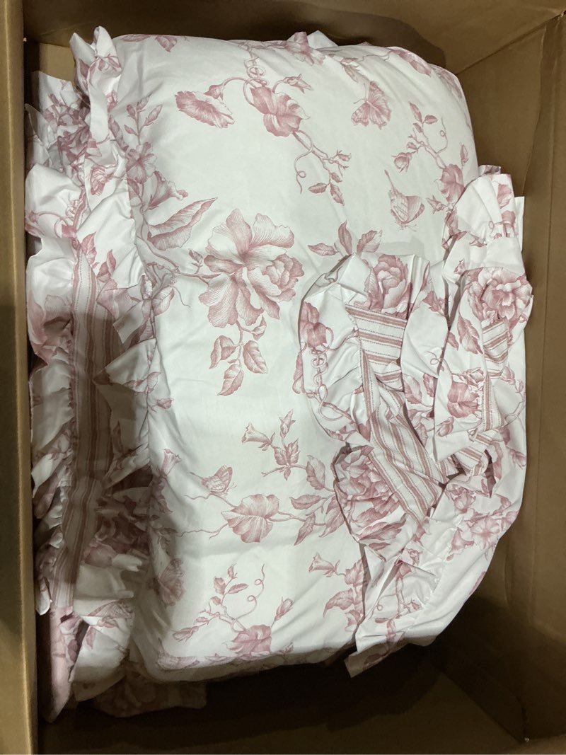 Condition photo showing Good Condition for madison park essentials floral comforter set king size, complete vintage bedding with sheet set, elegant bed in a bag with reversible ruffle comforter for girls, adele pink king pink