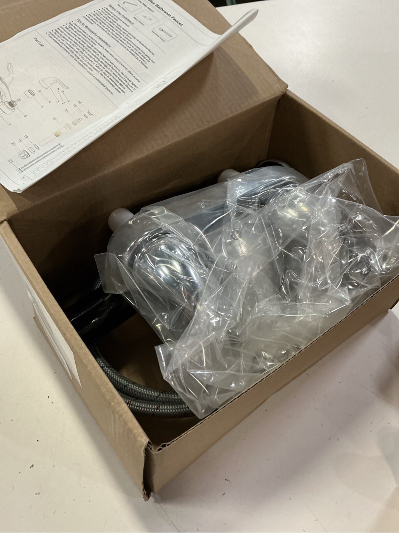 Condition photo showing New/Like New for bathroom sink faucets 2/3 hole,chrome plating dual handles 4 inch plastic plating over bathroom faucet with pop-up drain and 2 supply hoses for apartment rvs sink vanity
