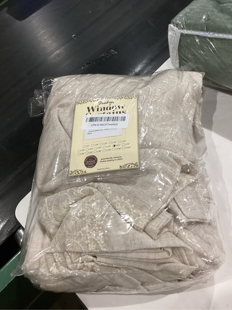 Condition photo showing Good Condition for jinchan Weslie Boho Curtains for Bedroom 4 Panels Ivory Vintage Floral Farmhouse Curtains 63 Inch Length Linen Drapes for Living Room Embroidered Light Filtering Drapes Cottagecore Ivory on Beige Floral| Ivory on Beige 50"W x 63"L (Pack of 4)