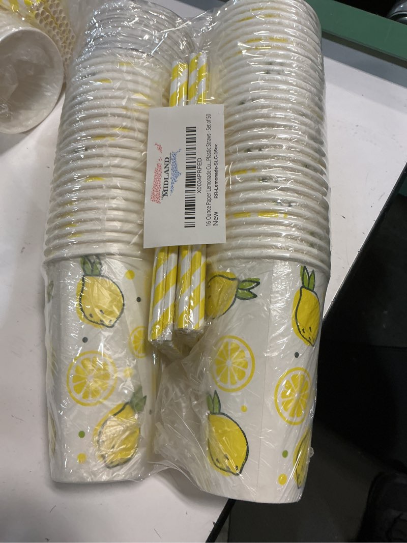 Condition photo showing New/Like New for Upper Midland Products 150 Pieces / 50 Sets 16 Oz Lemonade Cups with Lids and Paper Straws - Set of 50 - Lemonade Stand Supplies For Kids and Adults 1 Count (Pack of 1)
