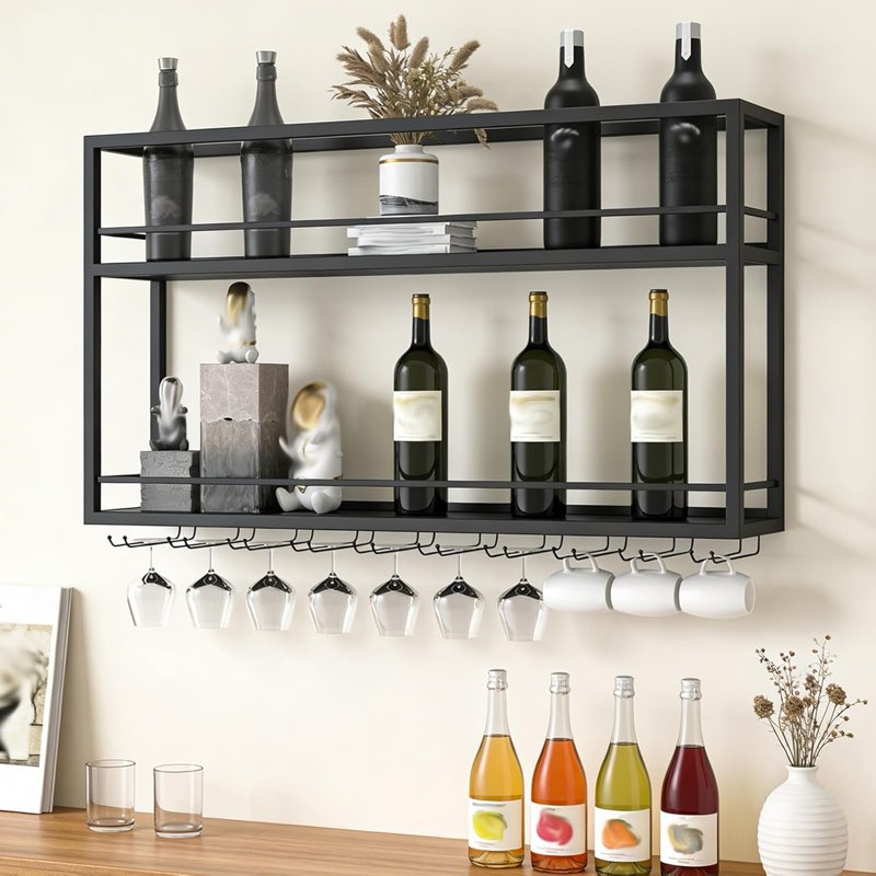 Wall Mounted Wine Rack, Wine Rack Wall Mounted with Wine Glass Rack, 2-Tier Multi-Functional Shelf for Home Restaurant Bar Storage Rack (Black, 40" W x 9.8" D x 21.6" H) 40"w X 9.8"d X 21.6"h Black
