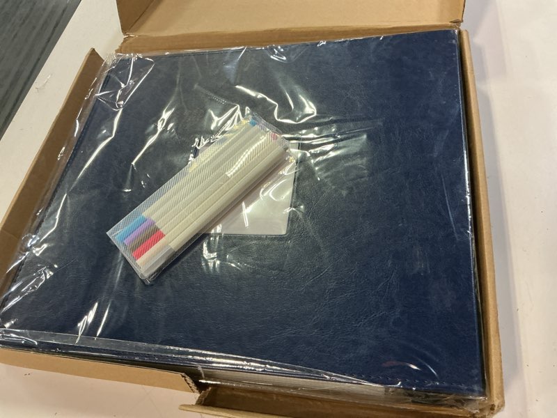Condition photo showing New/Like New for 12x12 photo album 3 ring binder, leather cover scrapbook album 12x12 d-ring with 10 scrapbook refill pages protective plastic sleeves - navy blue