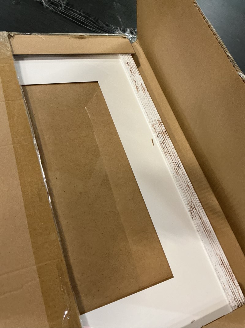 Condition photo showing Good Condition for 16x20 frames set of 2, distressed white wood style - display 16 x 20 picture without mat or 11x14 picture with mat, wall mounting horizontal and vertical distressed white 16x20 in