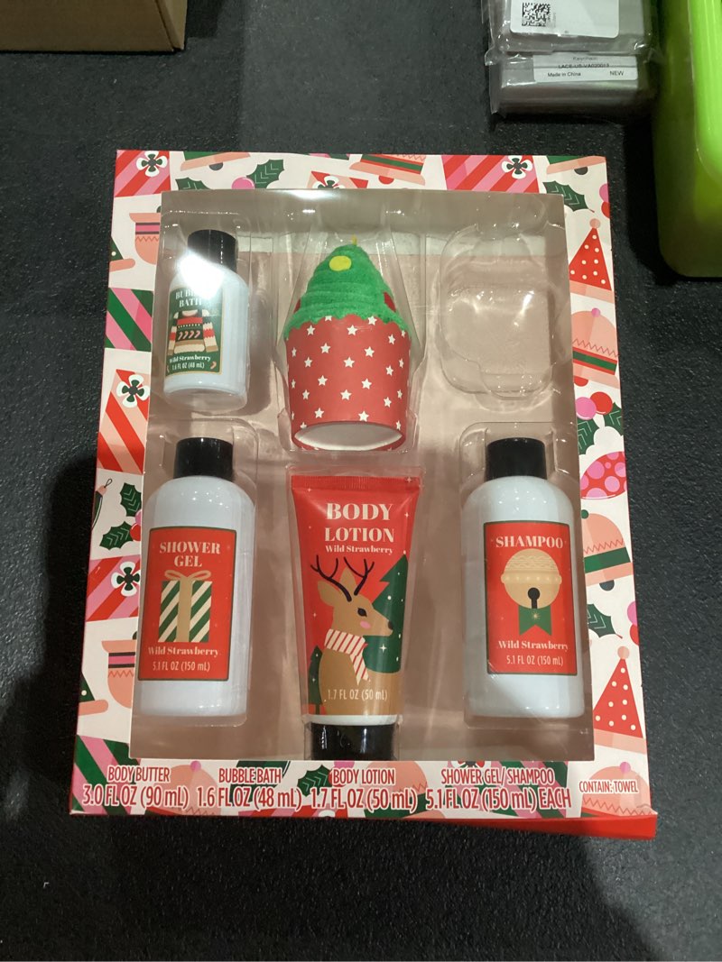 Condition photo showing As Is for Christmas Bath and Body Gift Set for Women - Holiday Stocking Stuffers With Body Butter, Shower Gel, Lotion, Shampoo, Bubble Bath, Mini Towel - Birthday Gifts