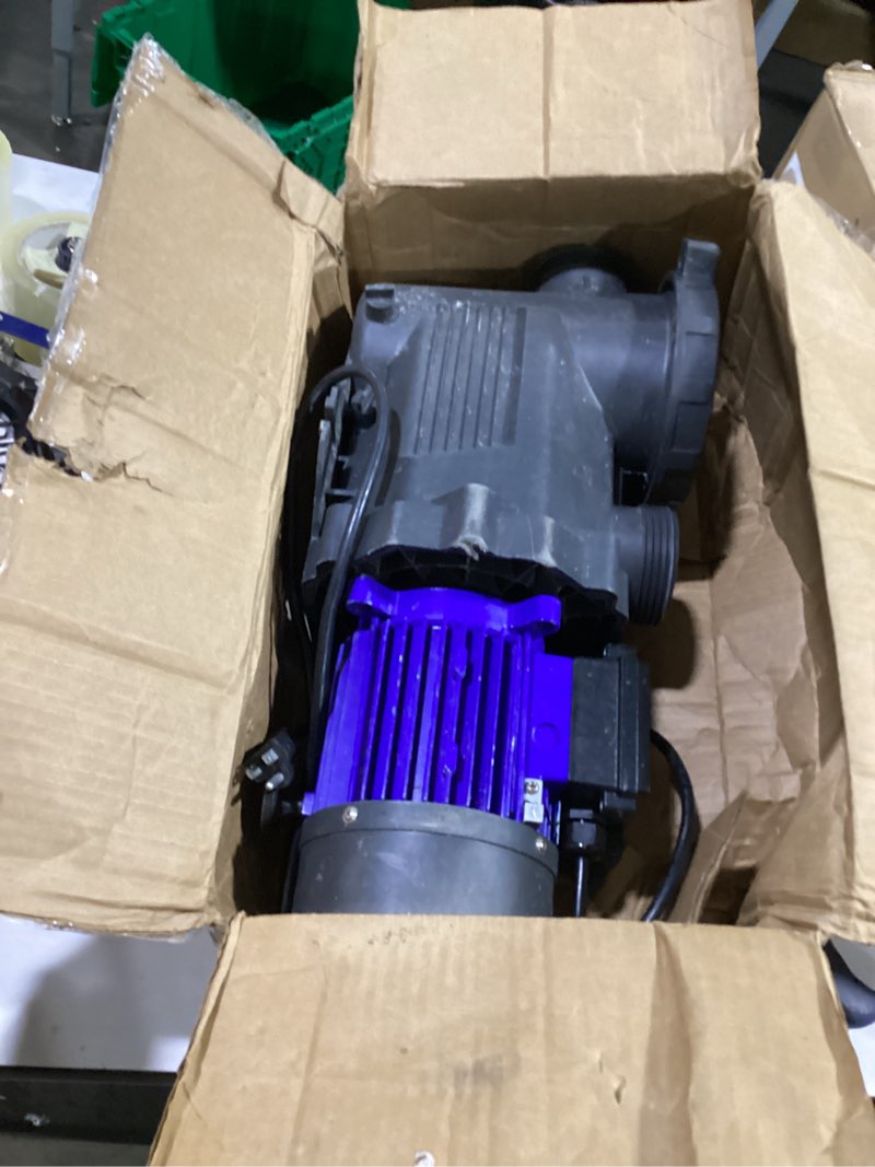 Condition photo showing Good Condition for 3hp in/above ground pool pump, 115v 7449gph powerful self priming | pure copper motor, energy efficient, 1.5" and 2" adapters, high flow with filter basket, single speed. might be missing hardware.