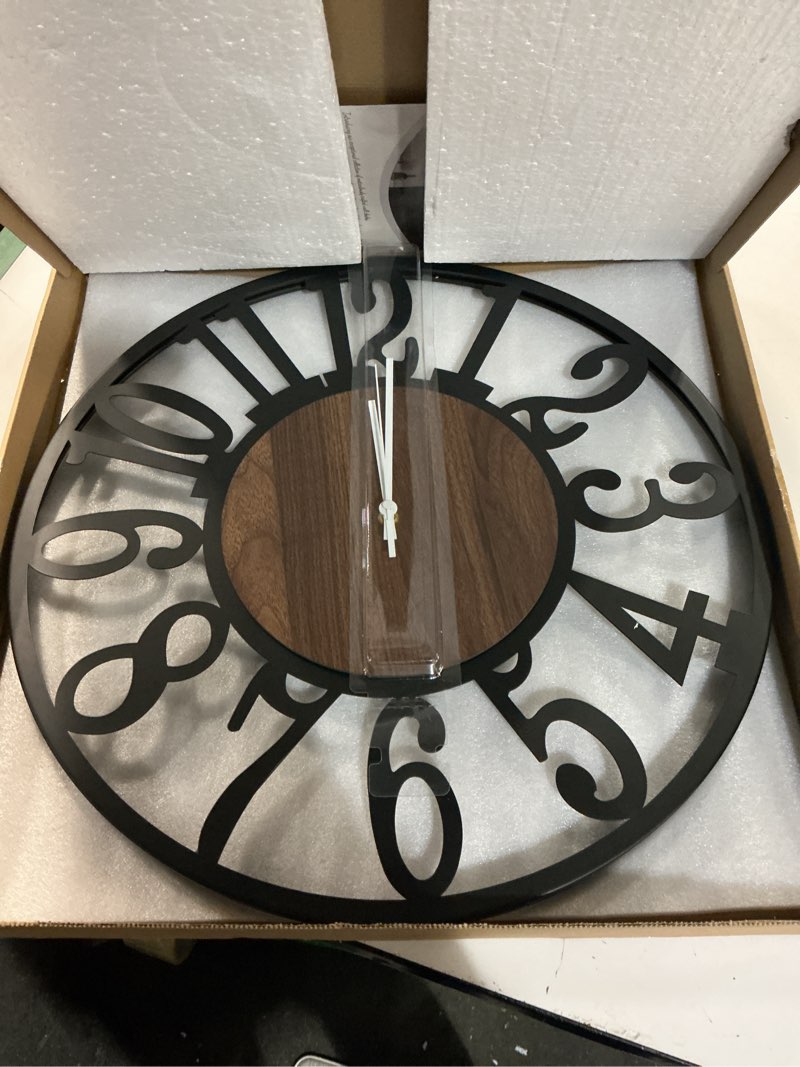 Condition photo showing Good Condition for LEIKE Large Wall Clocks with Night Light Battery Operated,Silent Non Ticking,Rustic Modern Big Wood Clock for Living Room, Bedroom,Kitchen,Farmhouse,Office,Home Decor-20 Inch(Black-Arabic Number) 20 Inch Black-wood-arabic