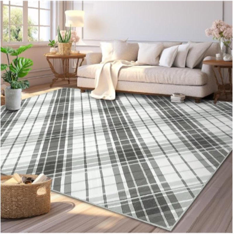Modern Plaid Washable Area Rug - 8 x 10, Non-Slip, Accent Throw with Rubber Back, Stain Resistant, Low Pile, No Shed, Large Dining Room Rug for Under Table - Black