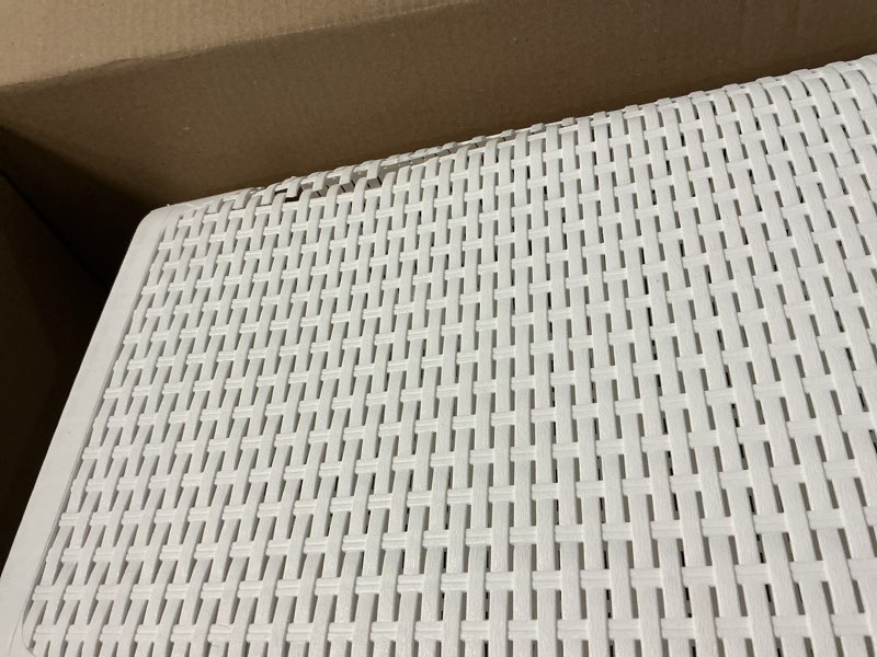 Condition photo showing As Is for white 24.15 in. h x 13.75 in. w x 17.65 in. l plastic 60l slim ventilated rectangle laundry hamper with lid