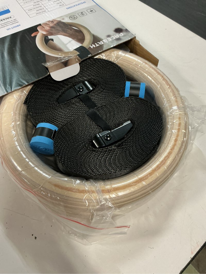 Condition photo showing Good Condition for pacearth gymnastics rings wooden olympic rings 1500/1000lbs with adjustable cam buckle 14.76ft/9ft long straps with scale non-slip gym rings for home gym full body workout 1.25" (32mm) rings & straps