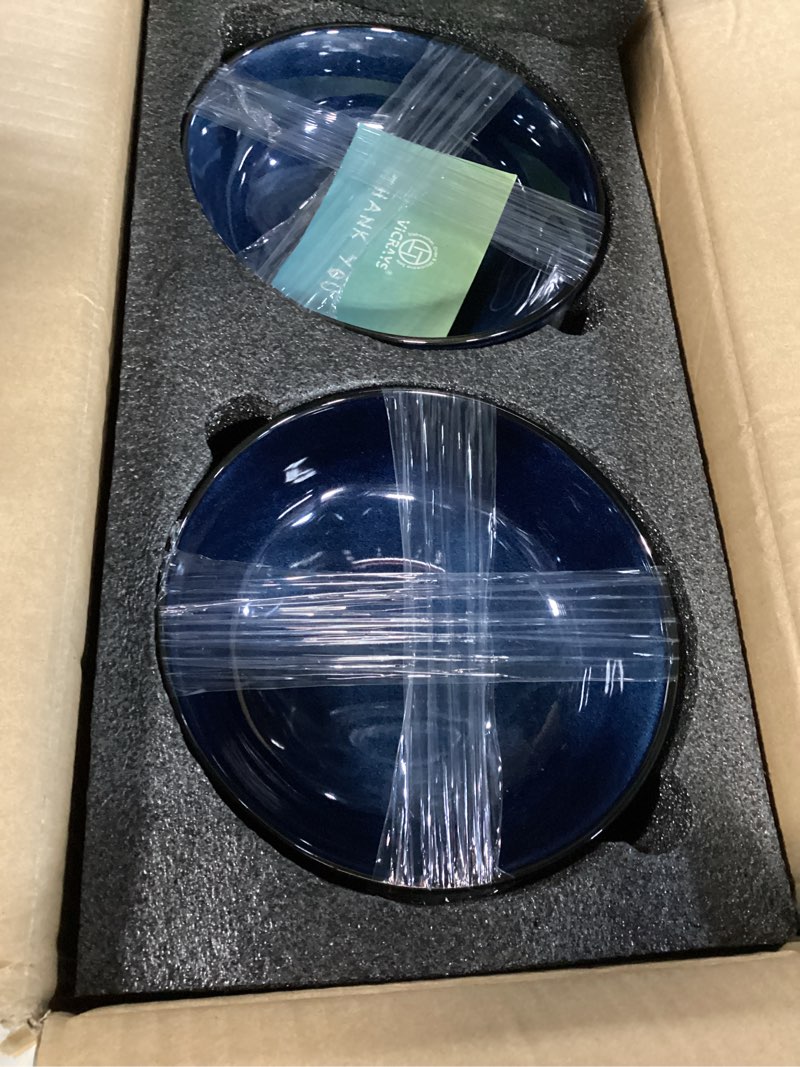 Condition photo showing New/Like New for vicrays ceramic salad bowls set for kitchen, serving - 32 ounce soup bowls, pasta bowls, chip resistant, dishwasher microwave safe, large, fluted, stoneware, set of 6 (blue)