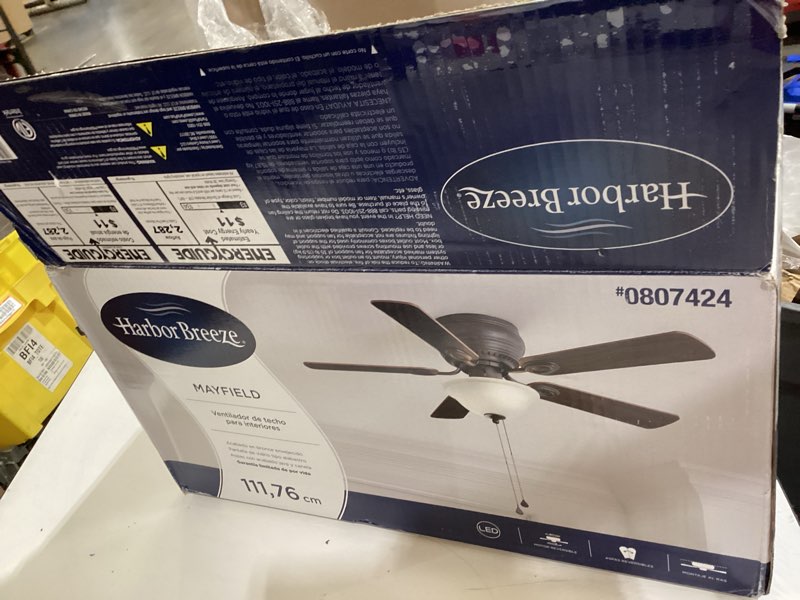 Condition photo showing As Is for harbor breeze mayfield 44-in bronze with java/cinnamon blades led indoor flush mount ceiling fan with light (5-blade)
